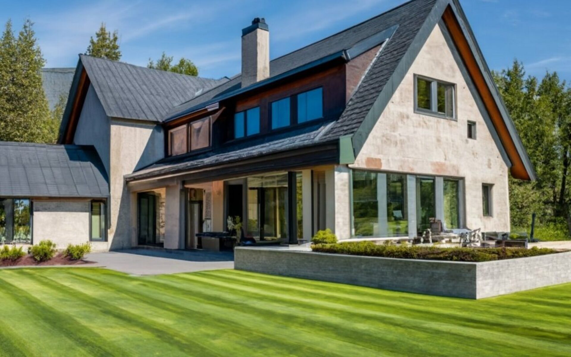 Traditional Indian village house surrounded by green grass and beatiful cloudy blue sky. Village landscape.